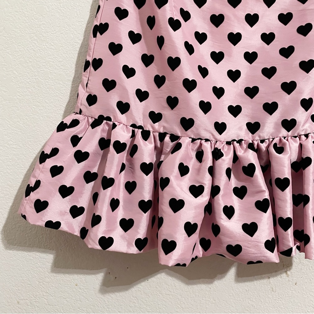 LoveShackFancy Tilson Bow Front Mini Dress in Pink Black Velvet Heart Pattern - Picture 9 of 11